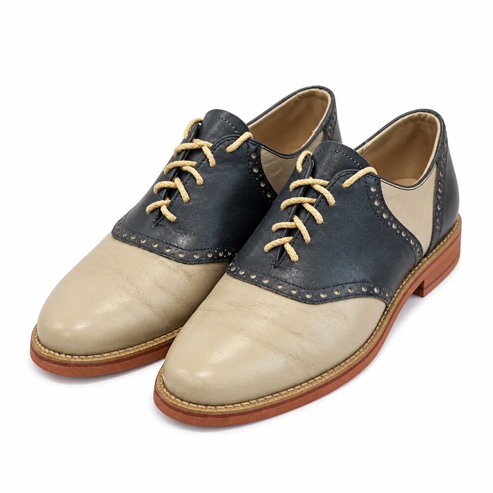 Vintage Dexter USA Saddle Shoes Men 10 Two Tone Leather Oxfords Cream Navy W758